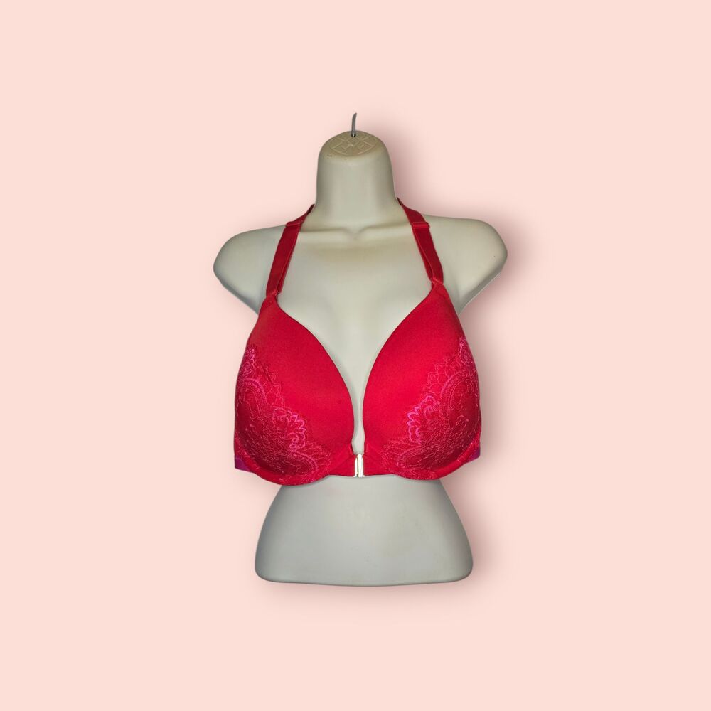 Cacique Boost Plunge Front Close Bra Fiery Red Pink Lace Underwire 44C Lingerie